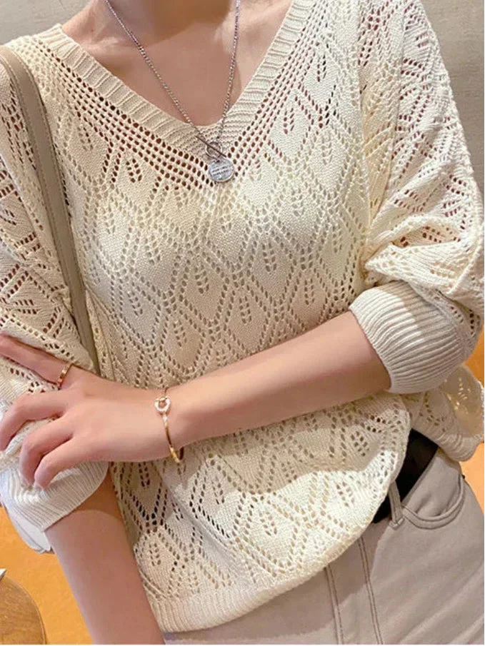 Women's V-Neck Crochet Hollow Knit Pullover Sweater Long Sleeve - Image 5