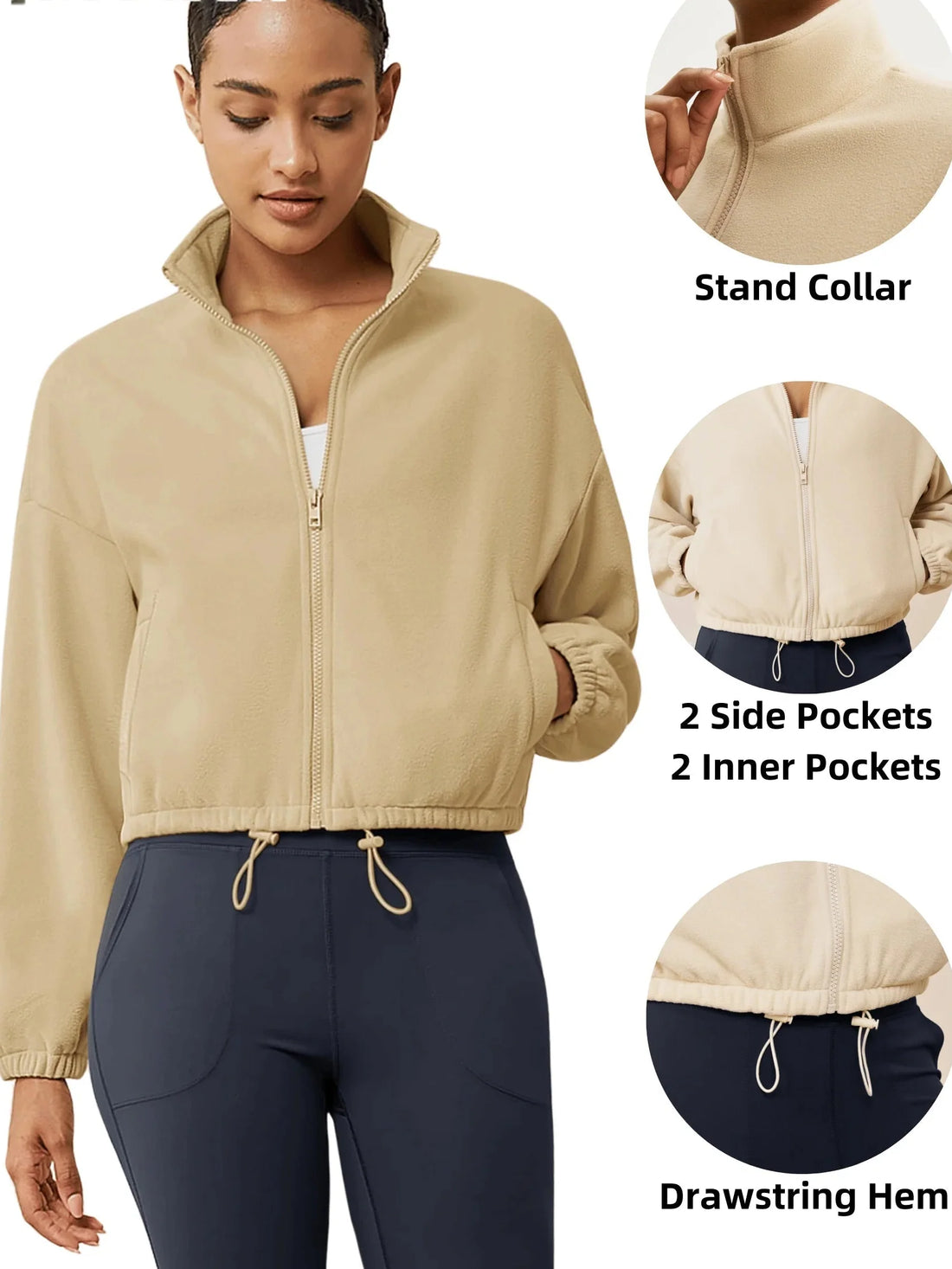 Winter Fleece Cropped Jacket with Stand Collar for Women - Image 2
