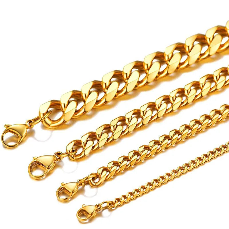 3.5-7MM Stainless Steel Necklaces For Men Punk Gold Color Cuban Link Chain Women Hip Hop Fashion Jewelry Accessories 45-70CM