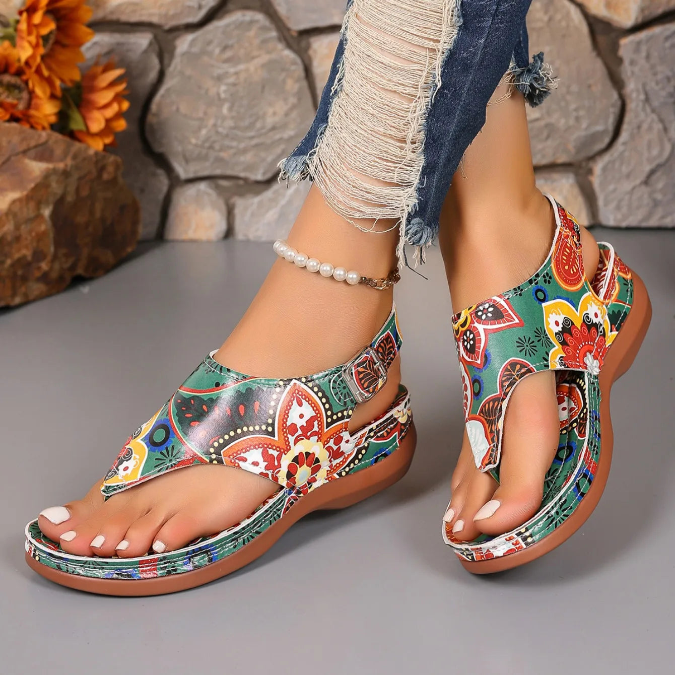 Women's Floral Wedge Sandals Comfortable Casual Outdoor Thong Shoes - Image 13