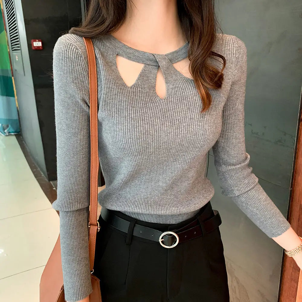 Women's Sexy Ribbed Pullover Sweater with Cutout Detail - Image 12