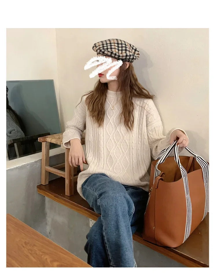 Women's Pink Cable Knit Crew Neck Long Sleeve Sweater - Image 9