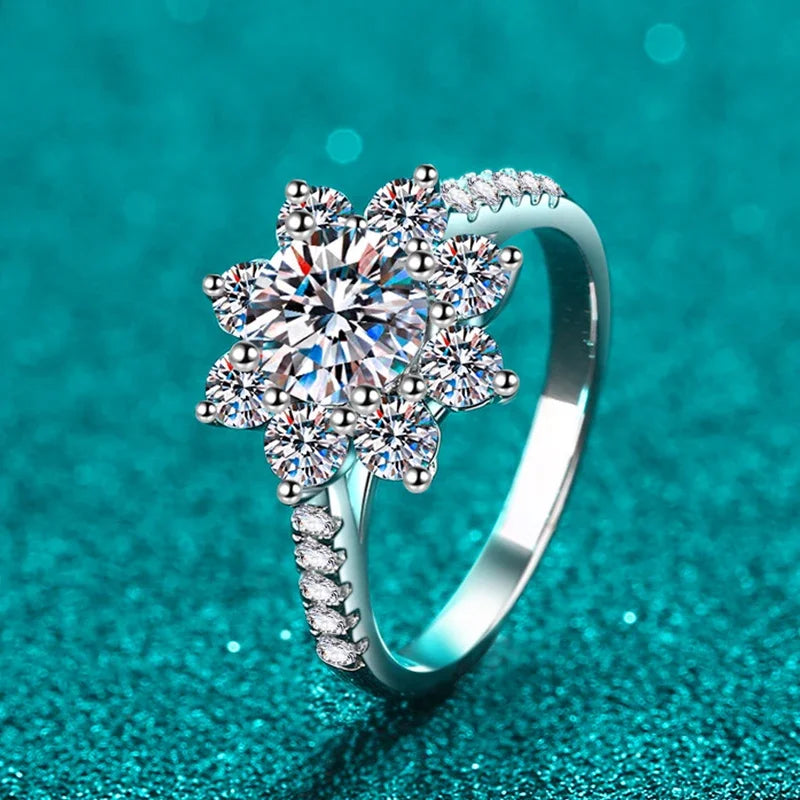 NeeTim 1ct 2ct Moissanite Eternity Ring 925 Sterling Silver with Gold Plated Wedding Flower Lab Diamond Rings For Women Jewelry
