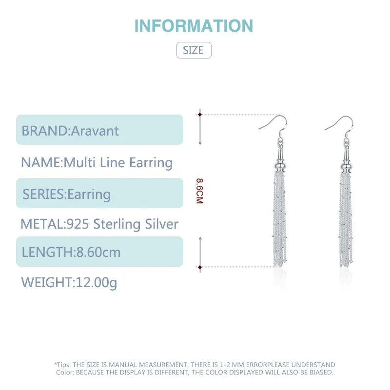 Aravant 925 Silver Multi Chain Long Tassel Drop Earrings For Women Wedding Jewelry
