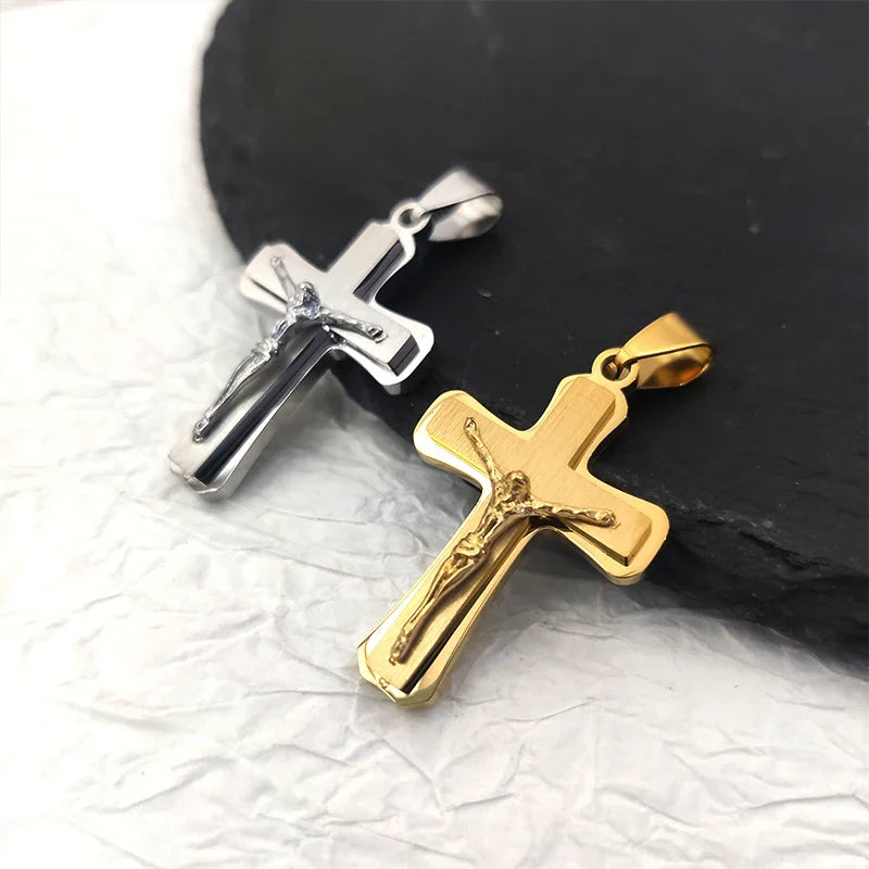 Stainless Steel Jesus Cross Pendant 18K Gold Plated Elegant Christian Symbol Jewelry for Men Women Church Outfit Accent