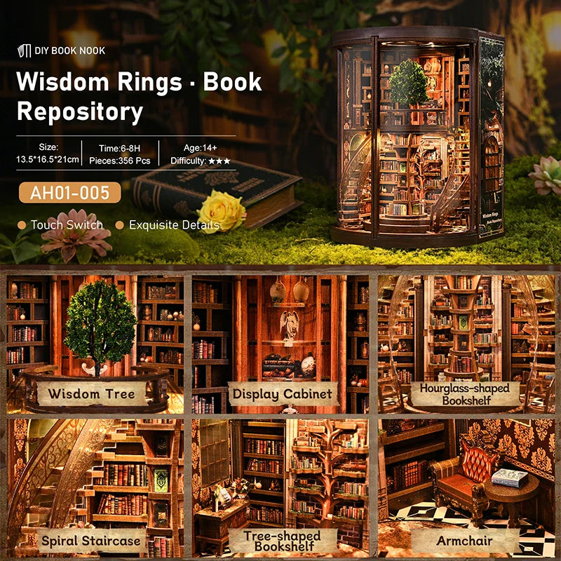 Wisdom Ring 3D Miniature Library DIY Wooden Book Nook Diorama - Image 3