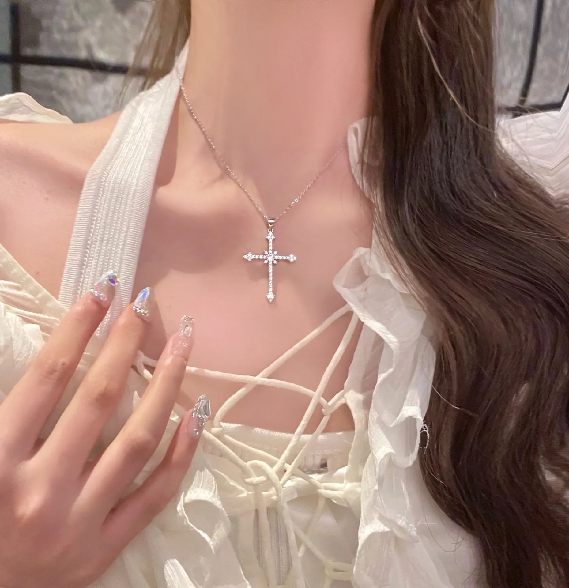 925 Sterling Silver Neck Chain Cross Zircon Necklaces Women Jewelry Exquisite Elegant Aesthetic Charms Accessories Argent 925