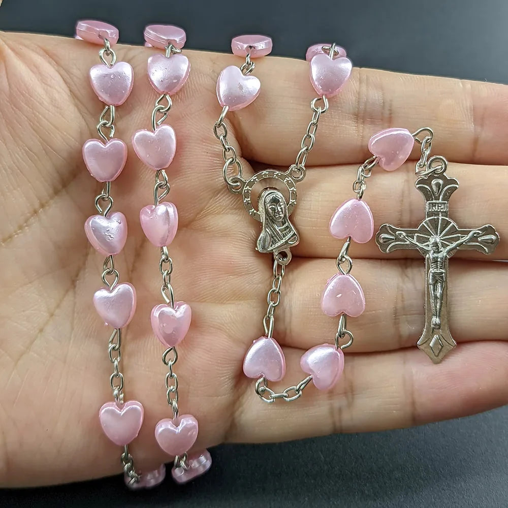 White Heart Rosary Necklace For Women Virgin Mary Cross INRI Pendant Long Chain Men Religion Prayer Party Jewelry Accessories