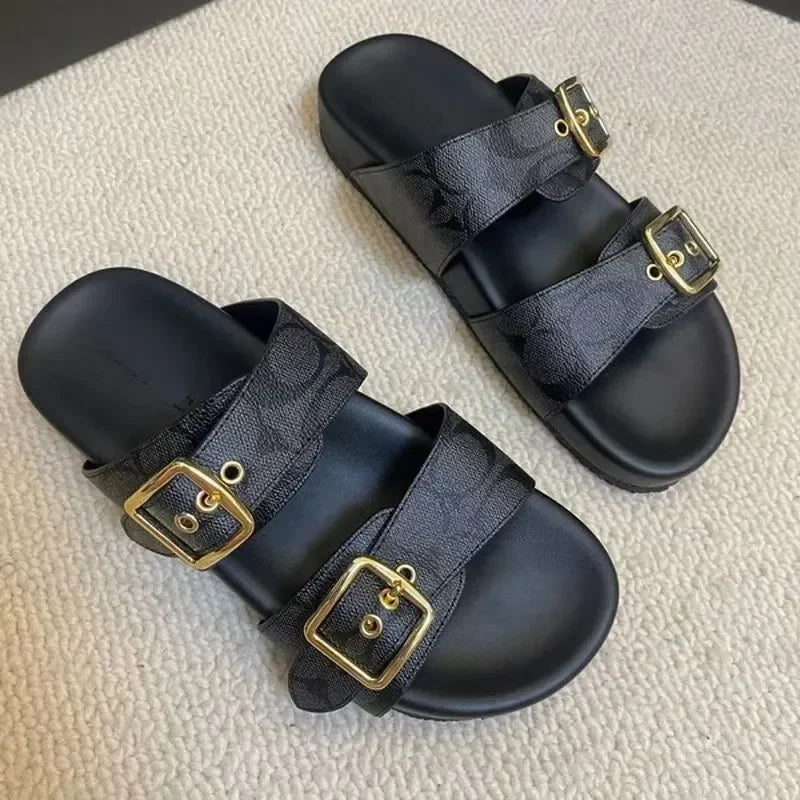 Women's Double Buckle Platform Sandals with Logo Print - Image 2