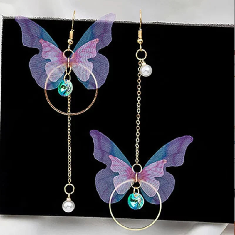 Elegant Purple Glass Butterfly Long Tassel Earrings for Women Delicate Rhinestone Crystal Insect Earrings Luxury Party Jewelry