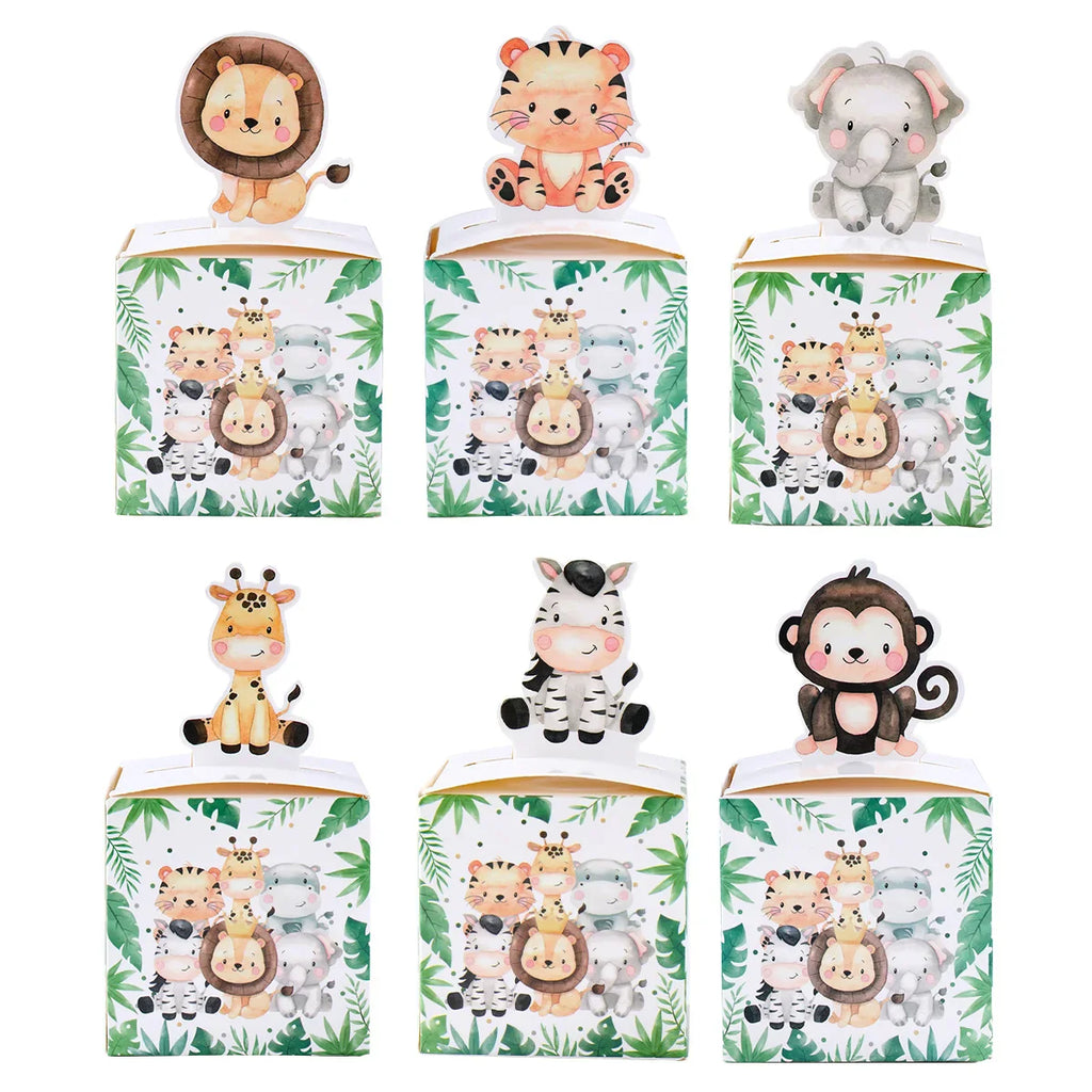 24PCS Jungle Safari Animals Candy Boxes Birthday Party Decoration Kids Gift Packaging Box Wild One Baby Shower Gifts Box Bag