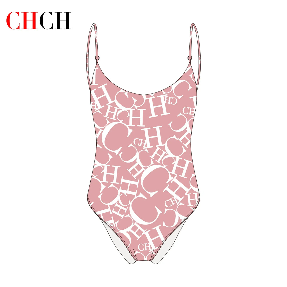 Women's Pink CH Letter Print One-Piece Swimsuit for Beach - Image 5