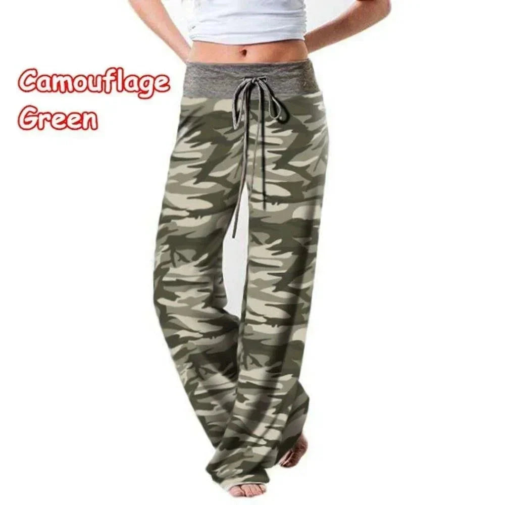 Wide-Leg Drawstring Lounge Pants with Floral and Camo Prints