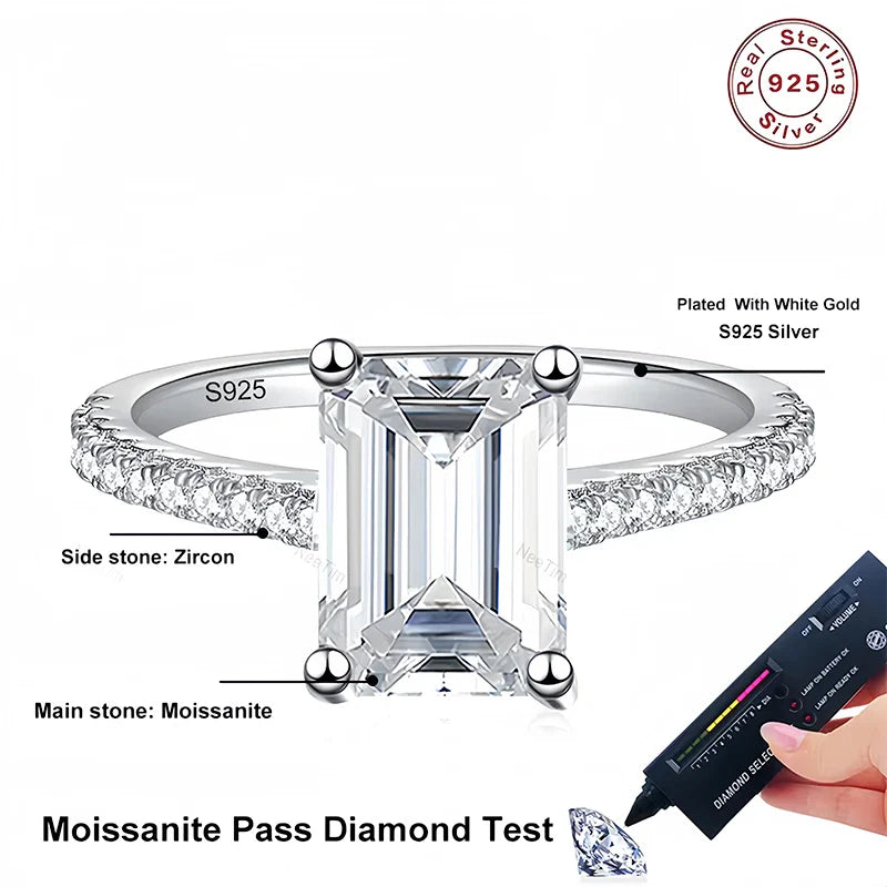 NeeTim 1CT 2CT Emerald Radiant Cut Moissanite Ring for Women Engagement Wedding Lab Diamond Sterling Silver 925 Rings Jewelry