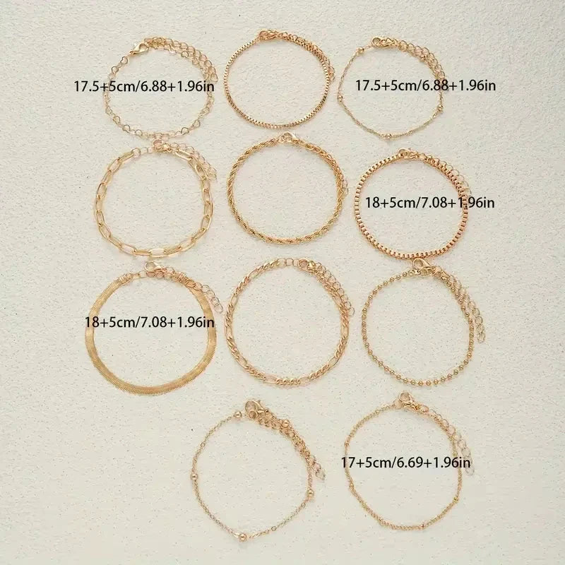 11pcs Chic Snake Chain Bracelet Set for Women Boho Simple Elegant Heart Geometric Chain Vacation Date Casual Jewelry Gifts