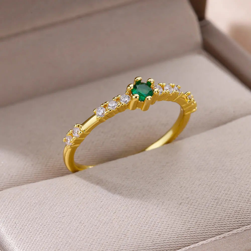 Tiny Green Zircon Round Rings For Women Geometric Stainless Steel Ring Luxury Wedding Christmas Jewelry Gift Free Shipping