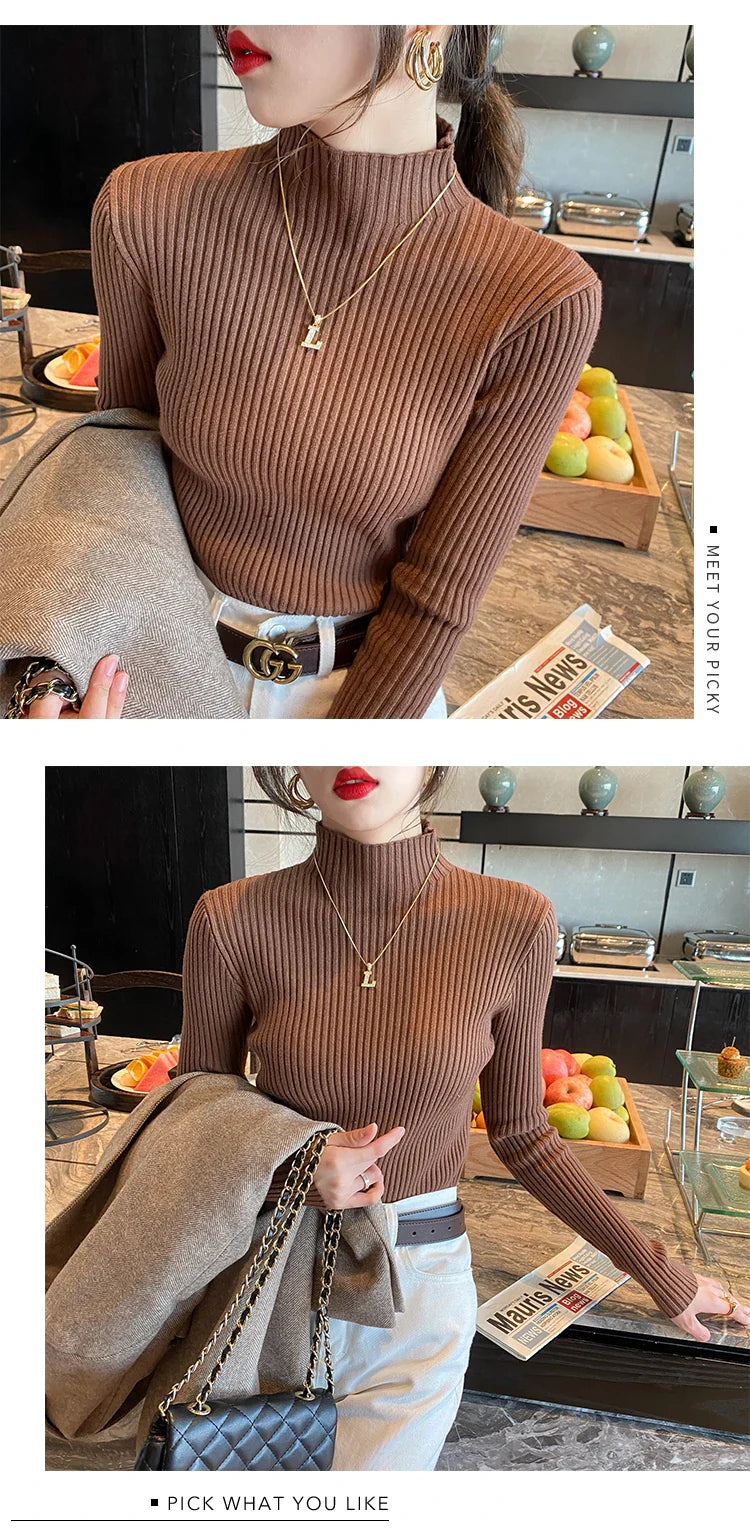 Women Mock Neck Ribbed Knit Pullover Long Sleeve Slim Fit Sweater - Image 14