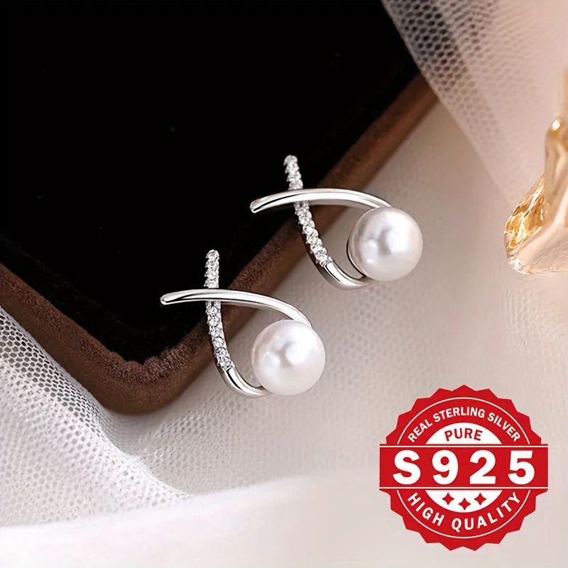 S925 silver, women's cross-tail shellfish pearl earrings, inlaid with synthetic zircon, elegant and suitable for daily wear