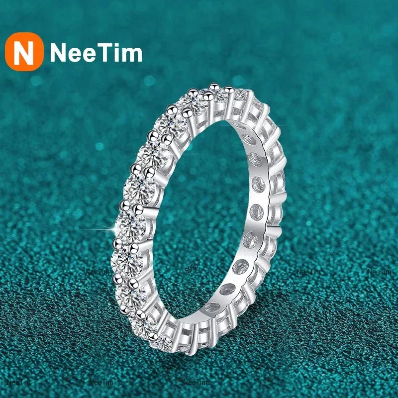 NeeTim 3mm All Moissanite Diamond Ring for Women Sterling Silver 925 with White Gold Plated Wedding Engagement Band Luxury Rings