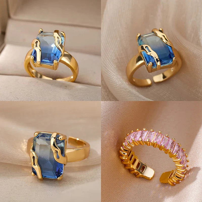 Cubic Zircon Blue Square Stone Rings For Women Stainless Steel Square Stone Finger Ring Party Aesthetic Valentine Jewelry Gift