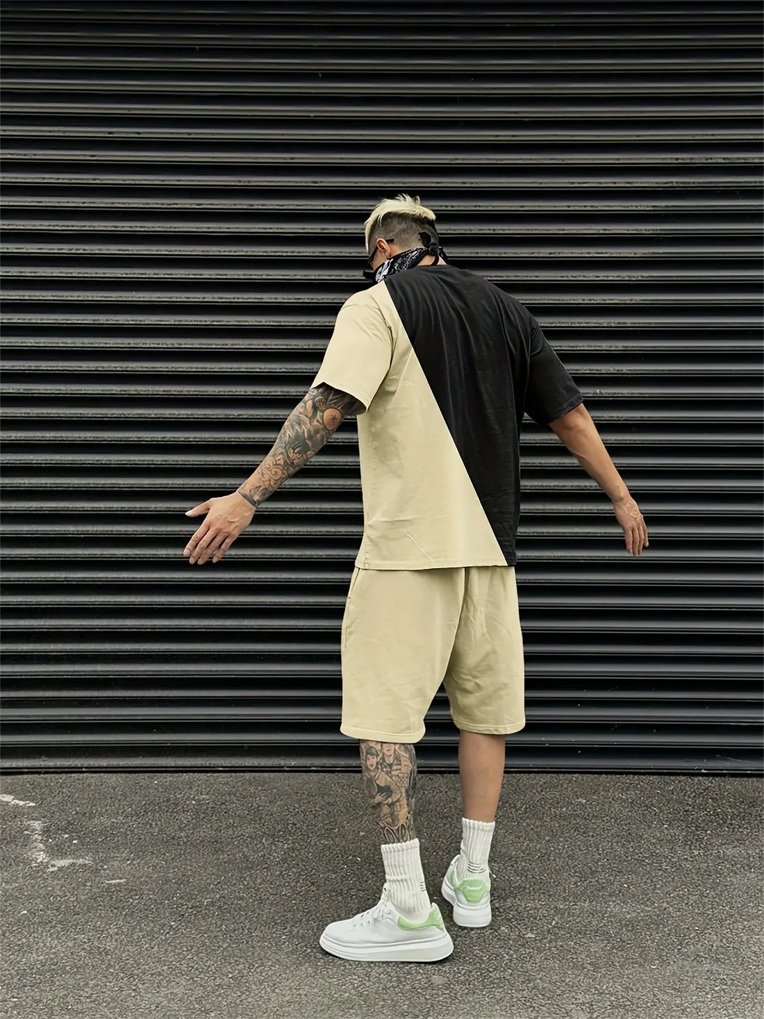 Men's Black and Beige Two-Tone Short Sleeve Streetwear Set - Image 2
