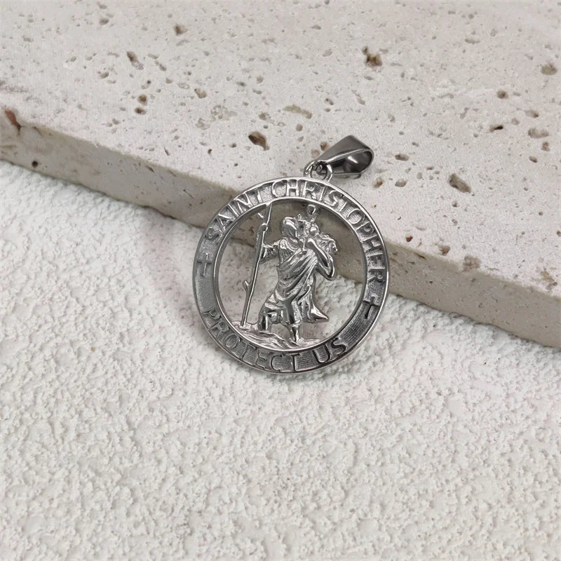 Hot Sale Religious 18K Gold Plated St.Christopher Necklace Stainless Steel Pendant Necklace For Men Women Jewelry Gift