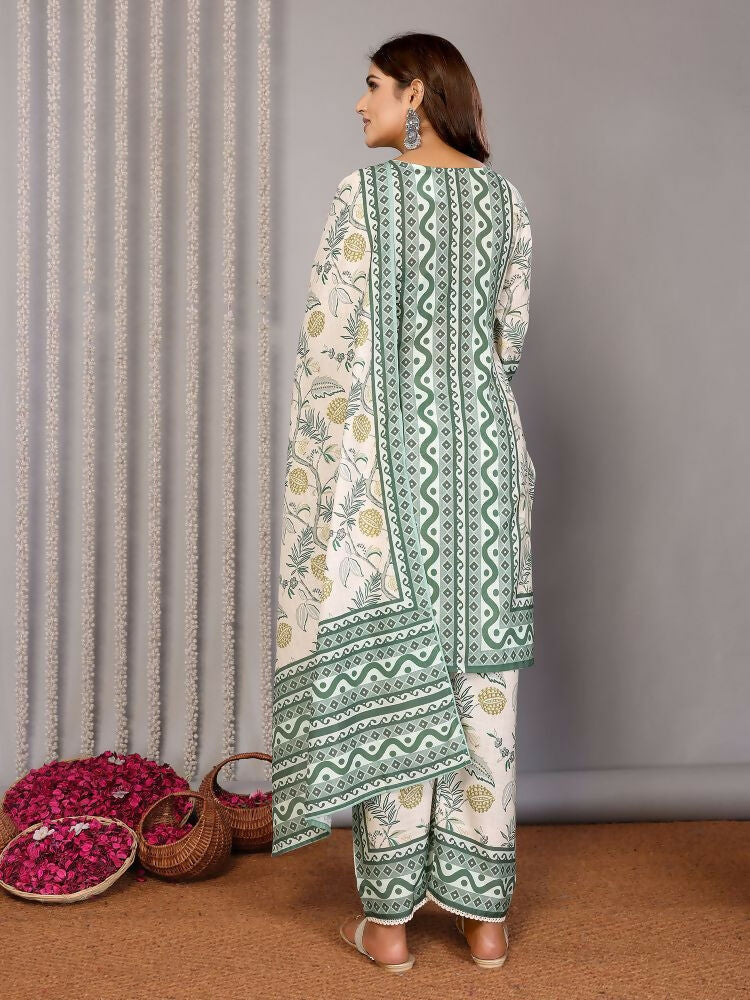 Off White and Forest Green Printed Linen Kurta Set
