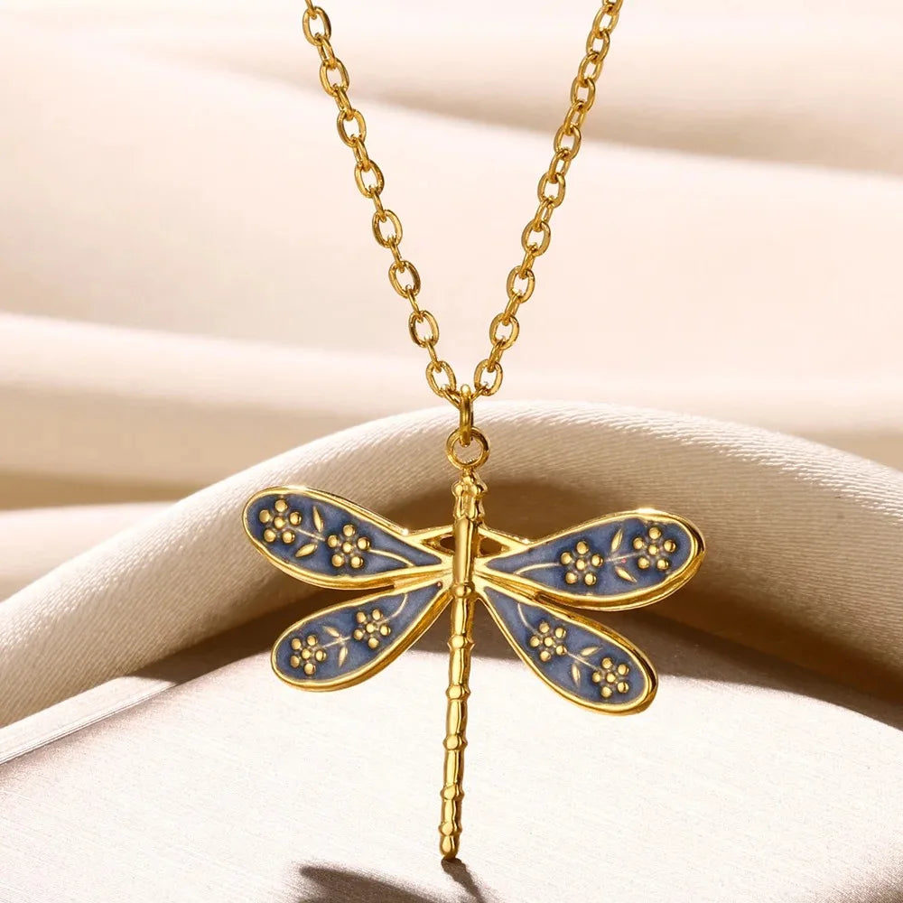 Stainless Steel Dragonfly Necklaces For Women 18K Gold Plated DragonflyPendants Choker  Insect Jewelry Gift