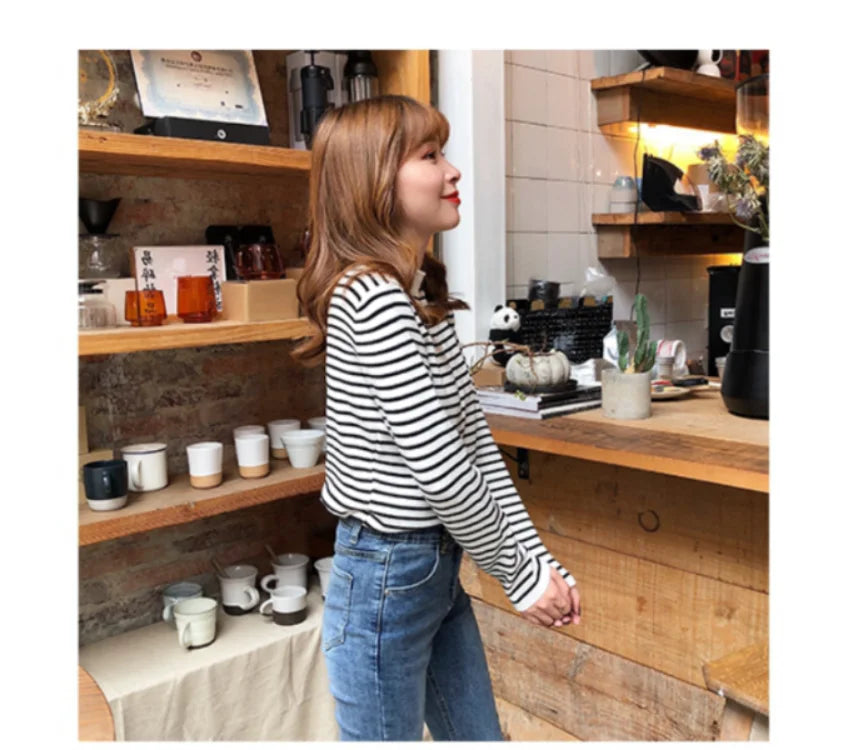 Women Striped Mock Neck Long Sleeve Ribbed Knit Pullover Sweater - Image 14