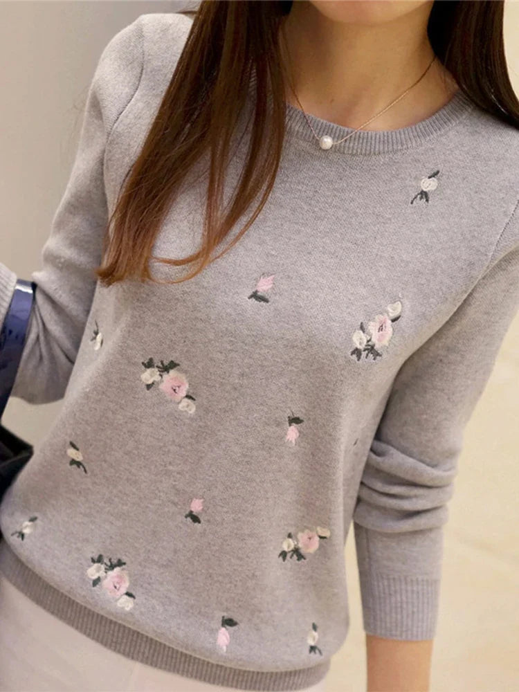 Women Floral Embroidered Knit Sweater Long Sleeve Pullover - Image 19