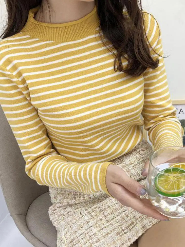 Women Striped Mock Neck Long Sleeve Ribbed Knit Pullover Sweater - Image 2