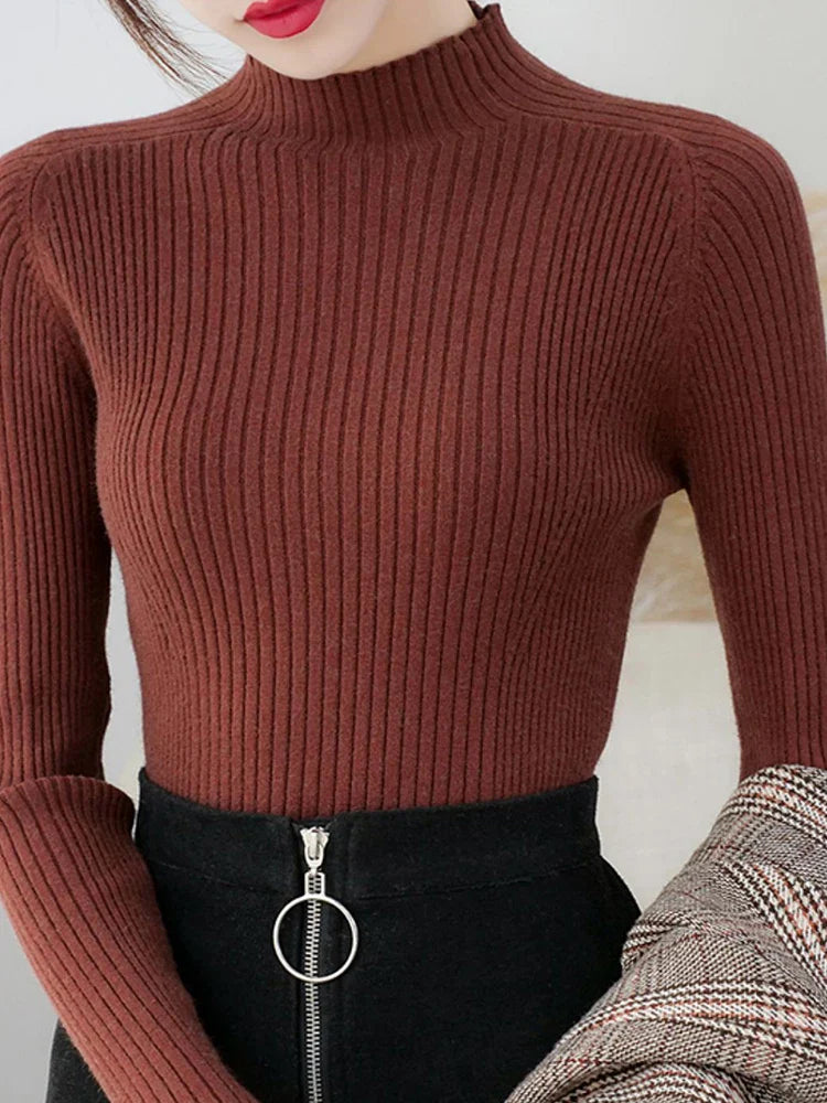 Women's Slim Fit Mock Neck Ribbed Long Sleeve Pullover Sweater - Image 31