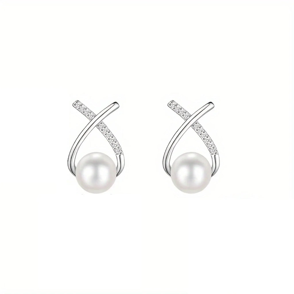 S925 silver, women's cross-tail shellfish pearl earrings, inlaid with synthetic zircon, elegant and suitable for daily wear