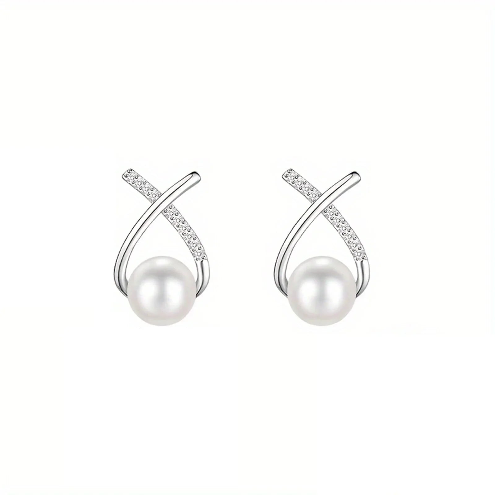 S925 silver, women's cross-tail shellfish pearl earrings, inlaid with synthetic zircon, elegant and suitable for daily wear