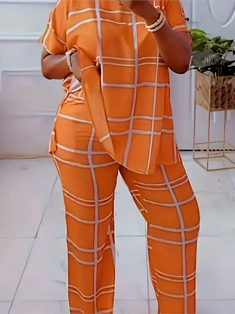 Women's Striped Grid Print Casual Two Piece Short Sleeve Set - Image 2