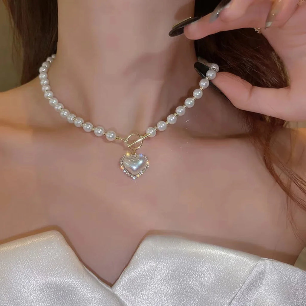 Elegant Pearl Necklace For Women Heart Pendant Necklaces Luxury Imitation Pearls Chain Necklaces Korean Jewelry Girls Gifts