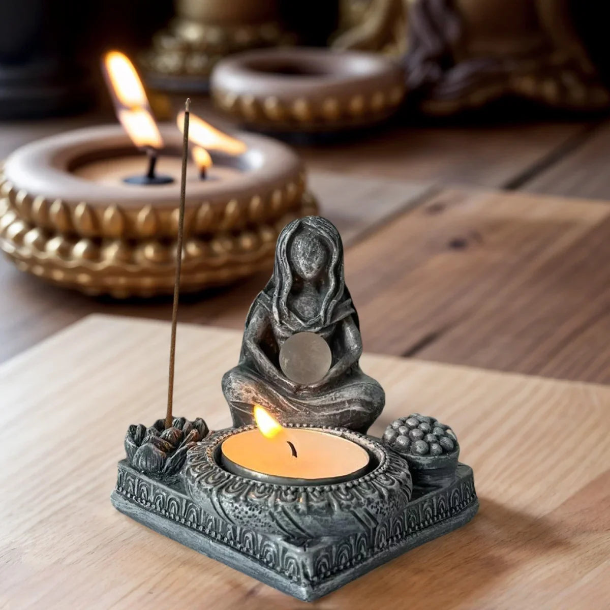 Zen Moon Goddess Candle and Incense Holder Resin Statue Ornament - Image 4
