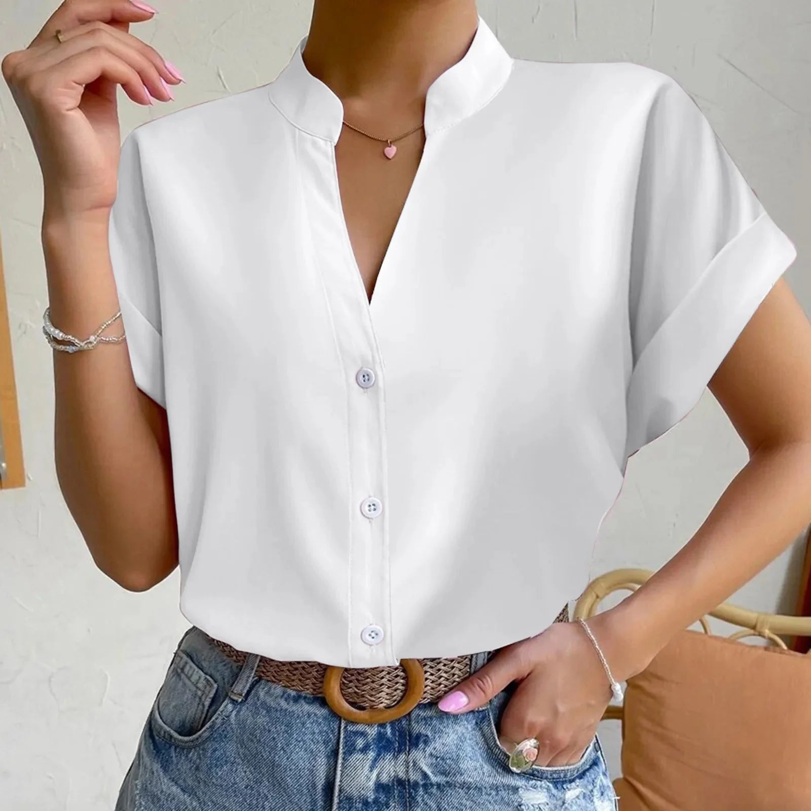 Women's Satin V-Neck Short Sleeve Blouse Elegant Casual Shirt - Image 8