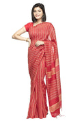 A vibrant red Bhagalpuri saree with a matching blouse piece, draped elegantly for a party-ready look.