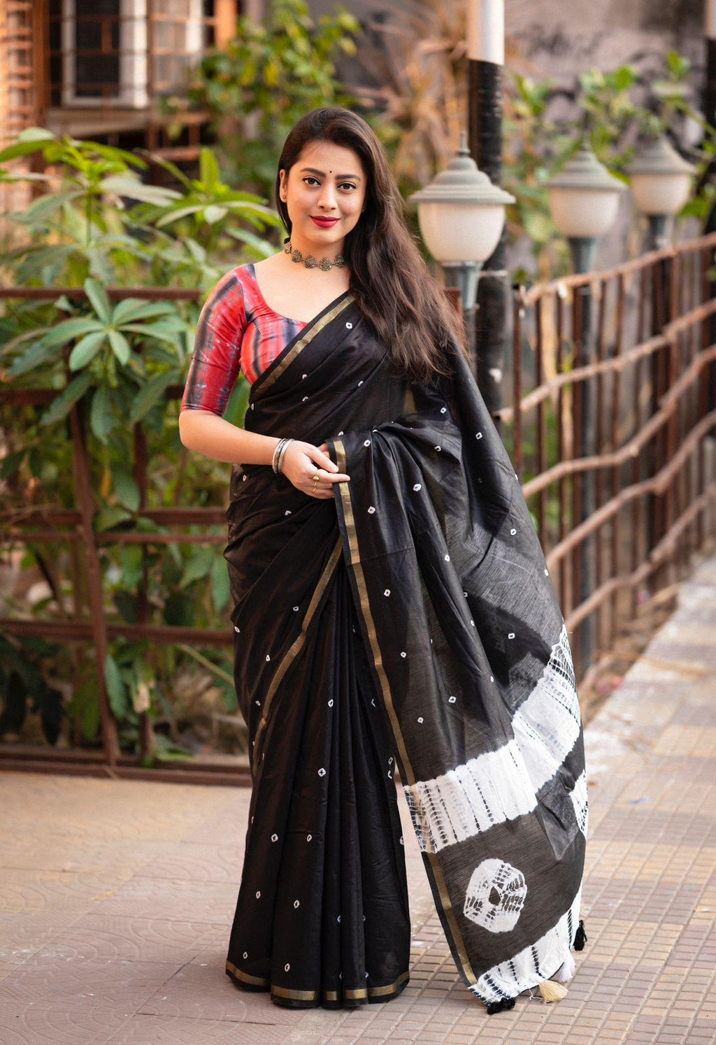 Black Chanderi Cotton Block Print Saree with Unstitched Blouse - Hiral Fashion