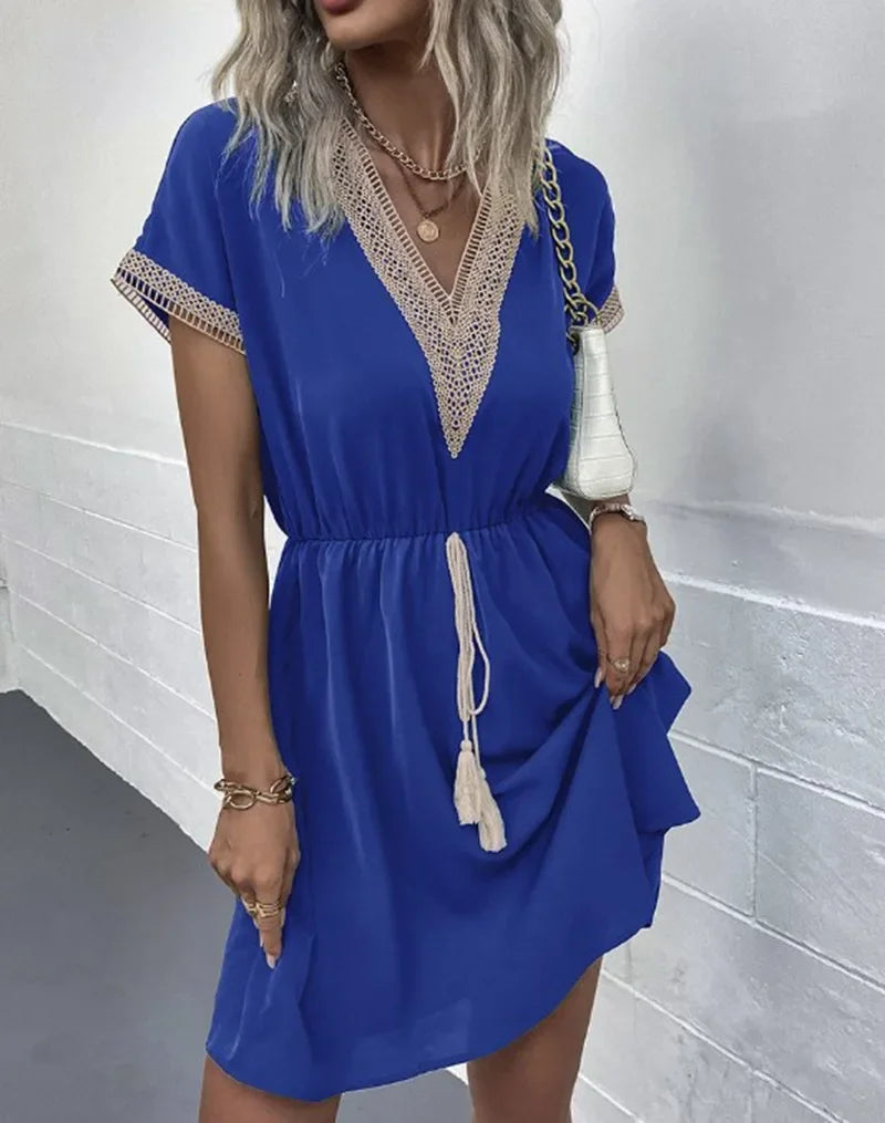 Short Sleeve V-neck Ruffle Waist Cross-border  Elastic Waist Dress