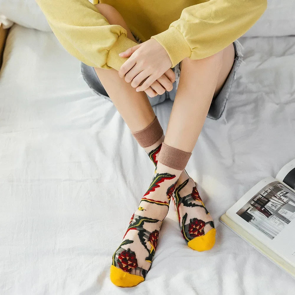 BotaniBabe Sheer Bloom Socks – Embroidered Crystal Silk Socks