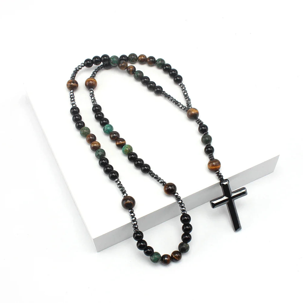 Natural Stone Africa Turquoise and Tiger-eye Beads Cross Pendant Necklace Rosary for Men and Women