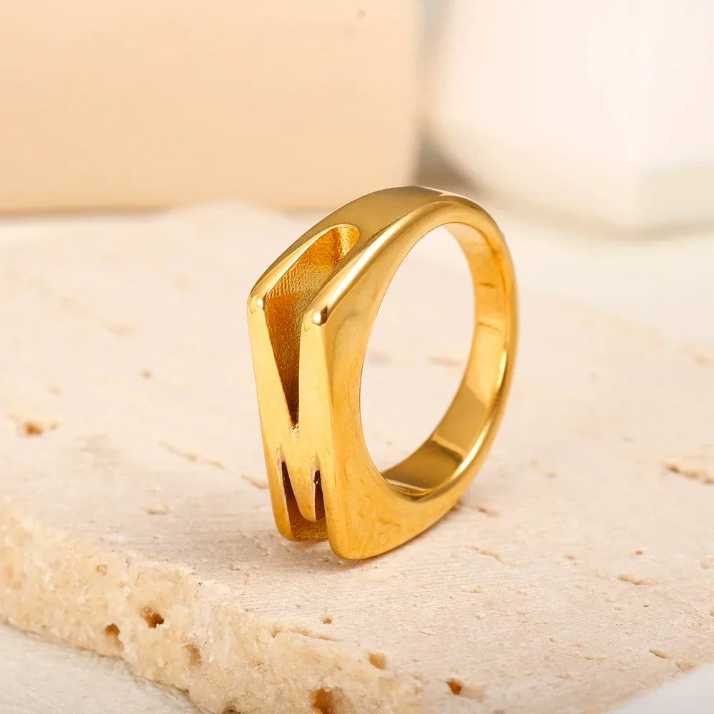 Wholesale High End Waterproof Three-dimensional M Letter Hollow Stainless Steel Finger Ring Trendy for Women Personalize Jewelry