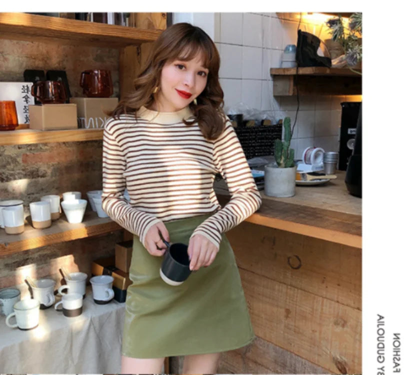 Women Striped Mock Neck Long Sleeve Ribbed Knit Pullover Sweater - Image 7