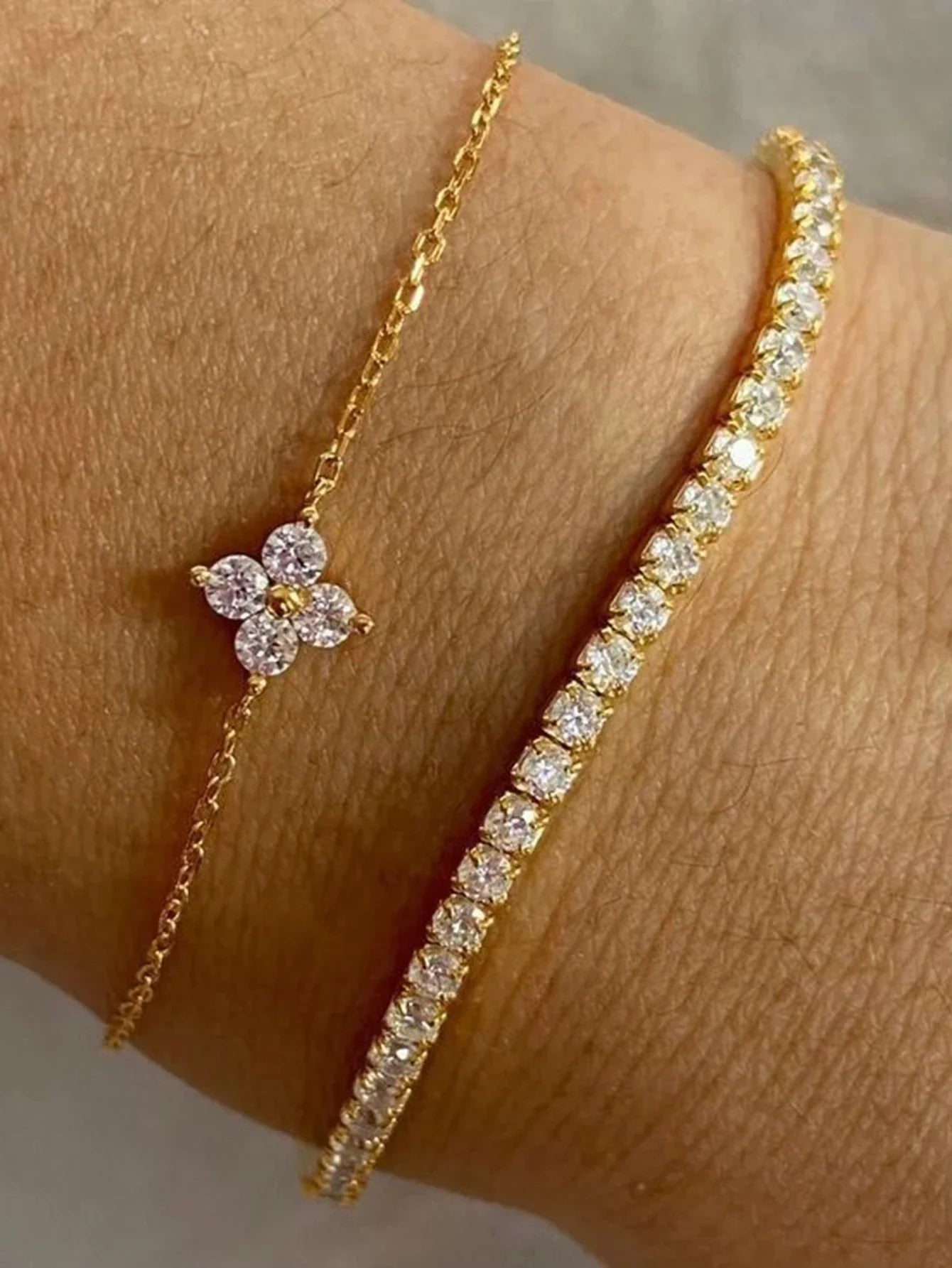 2pcs Simple Cubic Zirconia Flower Water Chain Women's Bracelet Set Daily Minimalist Silver Color Bracelet Party Fashion Jewelry