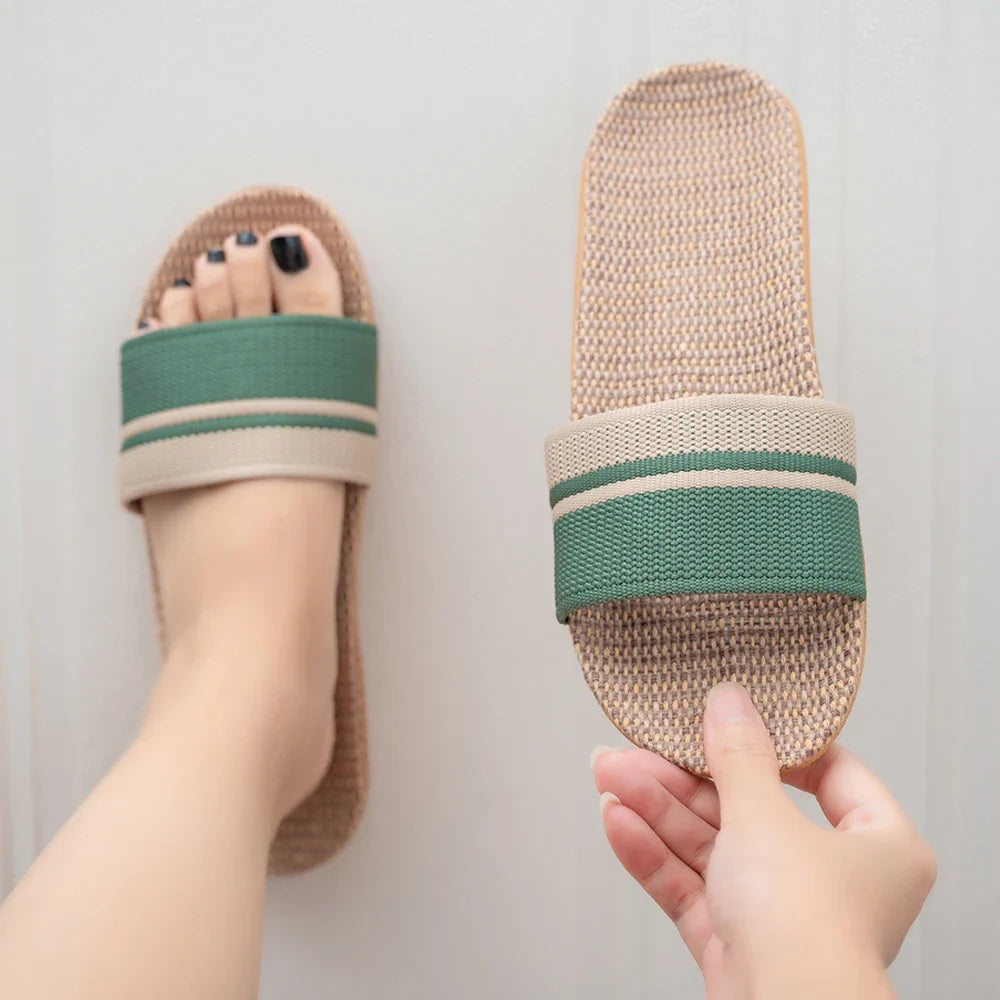 Women's Casual Flat Hemp Slippers with Green Striped Strap - Image 2