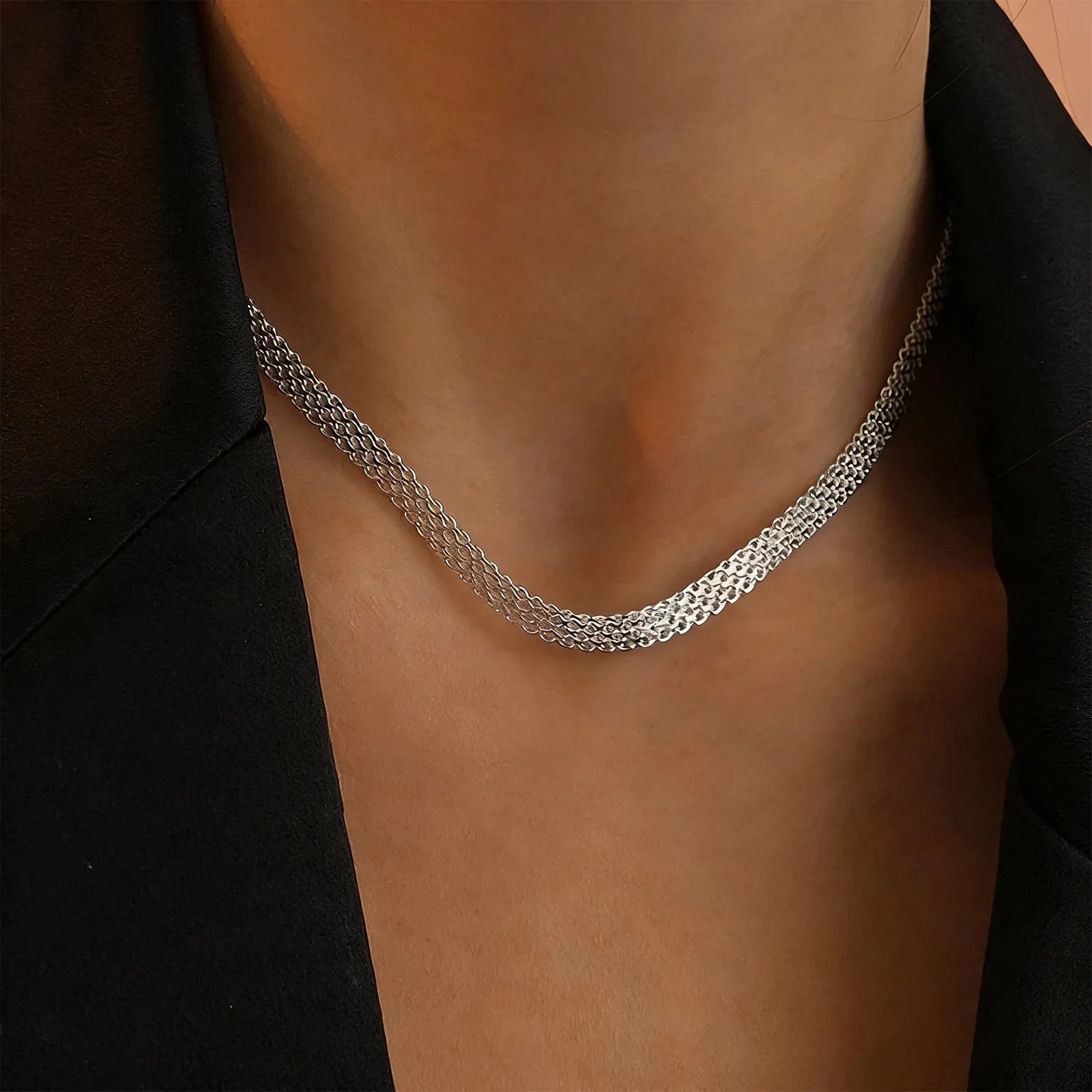 S925Silver European and American simple and unique woven hollow wide necklace ins trend mesh collarbone chain