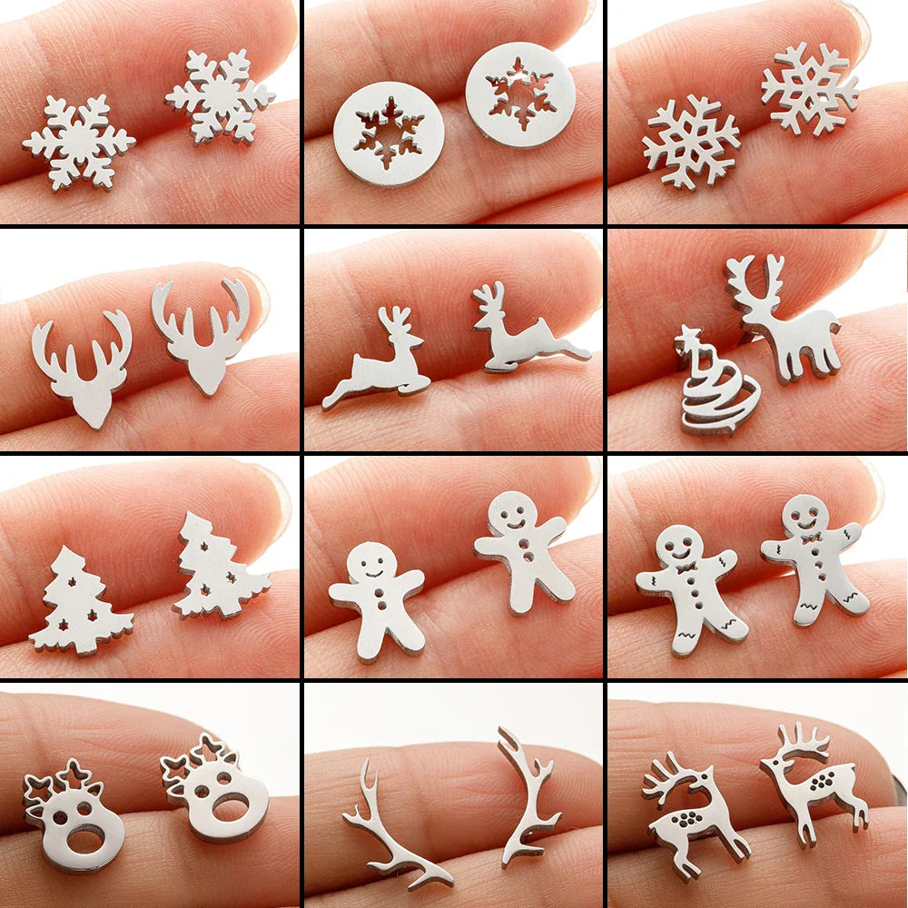 High Quality Stainless Steel Stud Earrings Girl Snowflake Elk Deer Silver Color Tragus Piercing Women'S Earrings Christmas Gifts