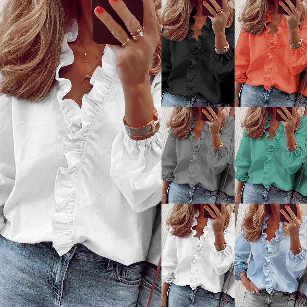 Women Ruffled V-Neck Long Sleeve Blouse Casual Pullover Top - Image 6